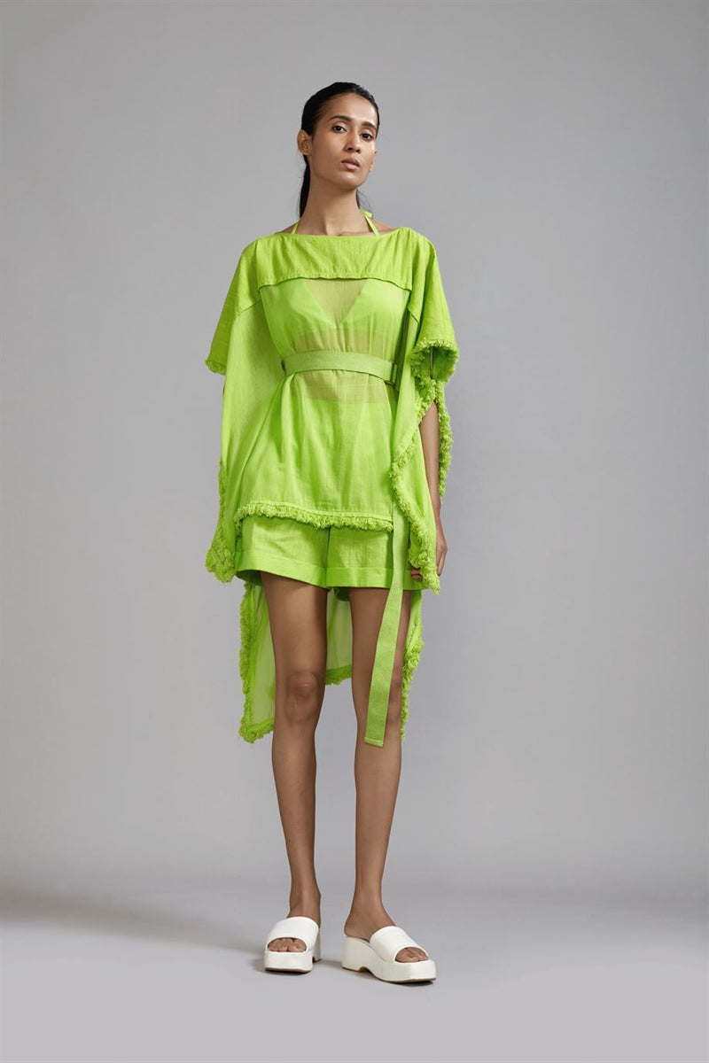 New Season Summer/Fall 24-Top Green Fringed Kaftan Cotton Neon-MT FR Kaftan Top-ML Neon Green-Fashion Edit Mati - Shop Cult Modern