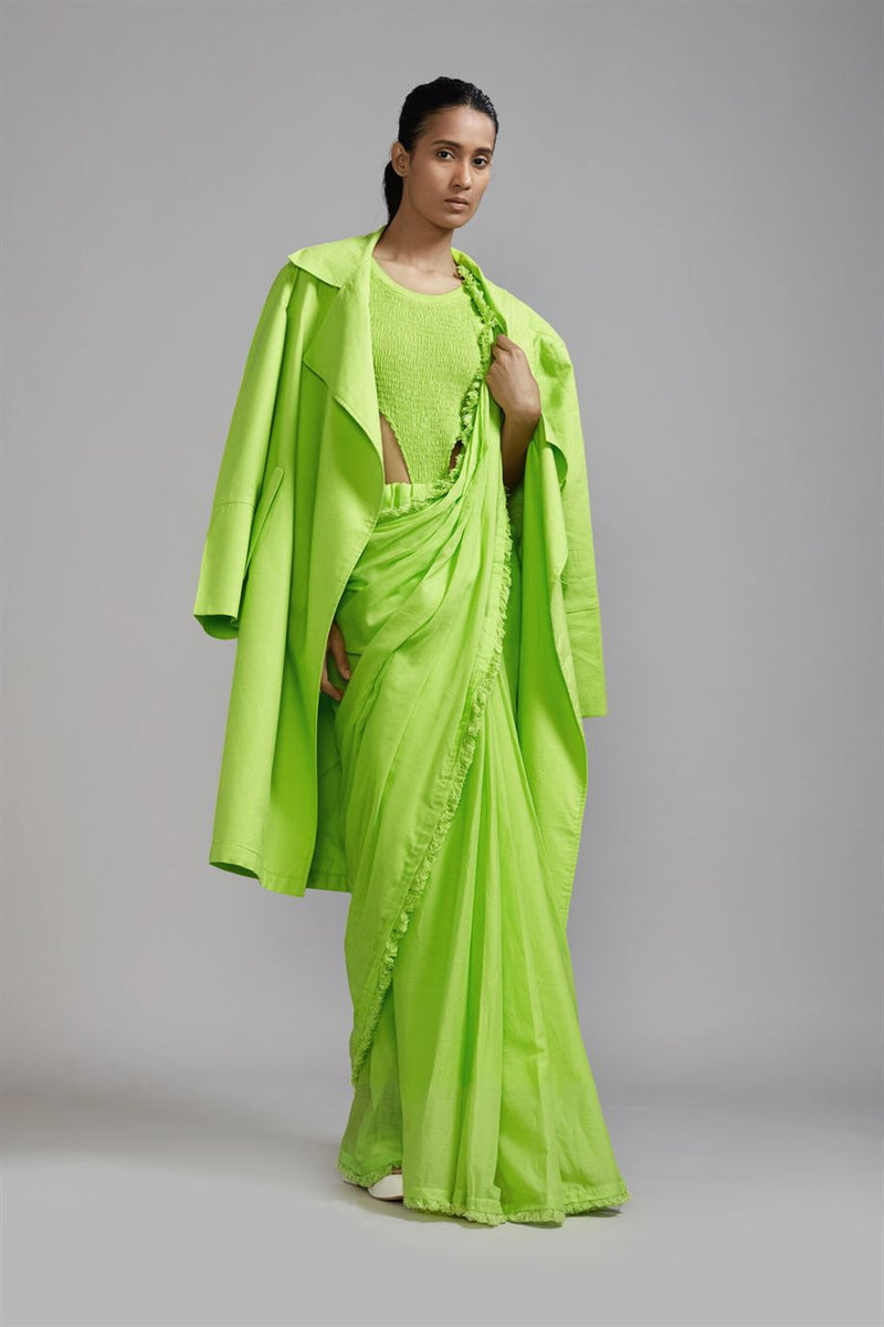 New Season Summer/Fall 2024-Coord Set Green Fringed Saree-Bodysuit-Jacket Cotton Neon-MT FR Jack Saree BS Coord Set-ML Neon Green 3pcs-Fashion Edit Mati - Shop Cult Modern