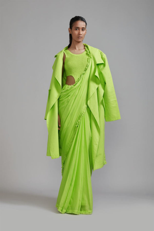 New Season Summer/Fall 23-Coord Set Green Fringed Saree-Bodysuit-Jacket Cotton Neon-MT FR Jack Saree BS Coord Set-ML Neon Green 3pcs-Fashion Edit Mati - Shop Cult Modern