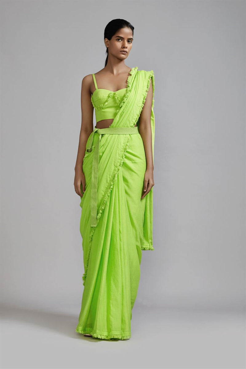 New Season Summer/Fall 23-Saree Green Fringed Cotton Neon-MT FR Saree-ML Neon Green-Fashion Edit Mati - Shop Cult Modern