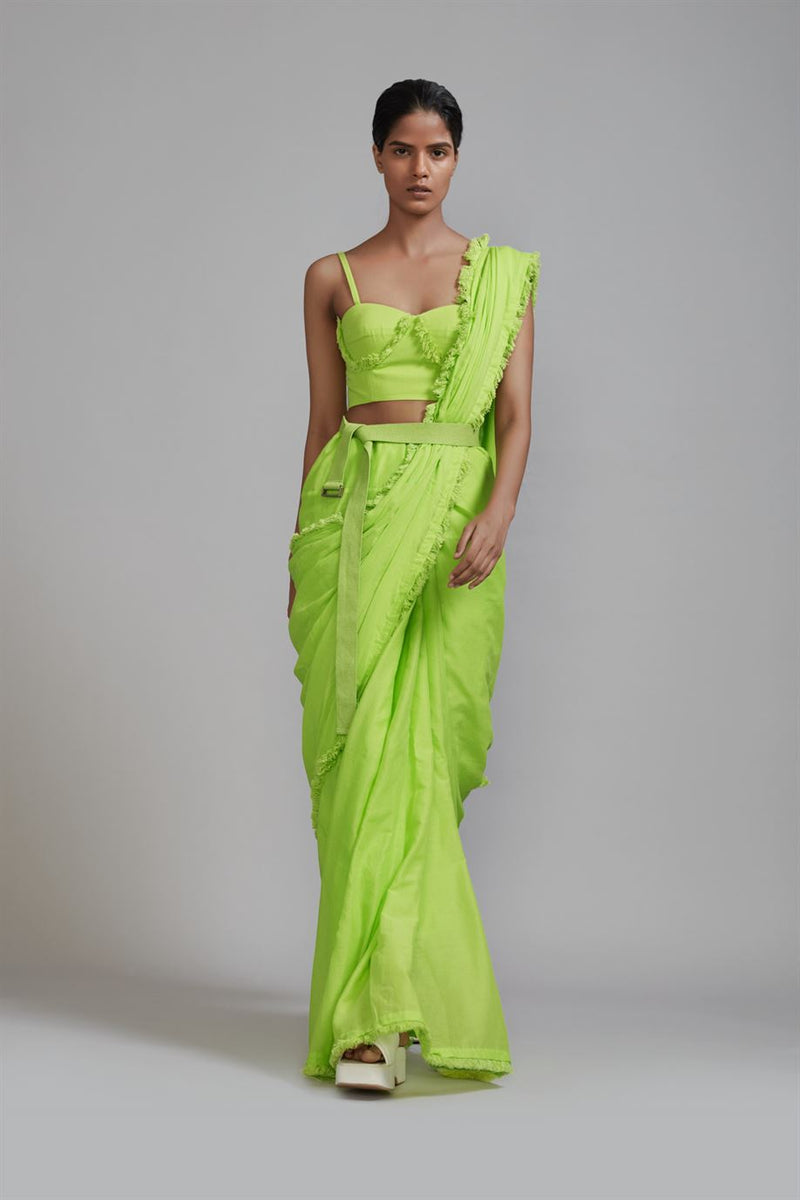 New Season Summer/Fall 23-Saree Green Fringed Cotton Neon-MT FR Saree-ML Neon Green-Fashion Edit Mati - Shop Cult Modern