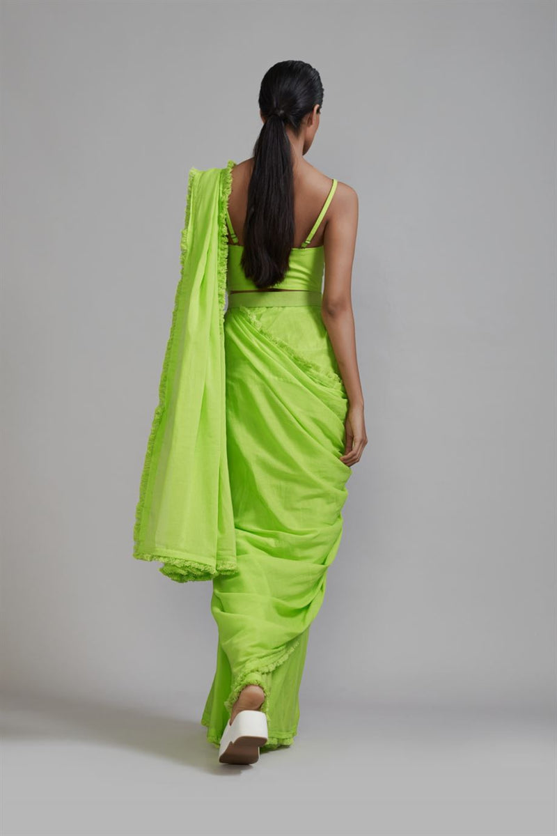 New Season Summer/Fall 23-Saree Green Fringed Cotton Neon-MT FR Saree-ML Neon Green-Fashion Edit Mati - Shop Cult Modern