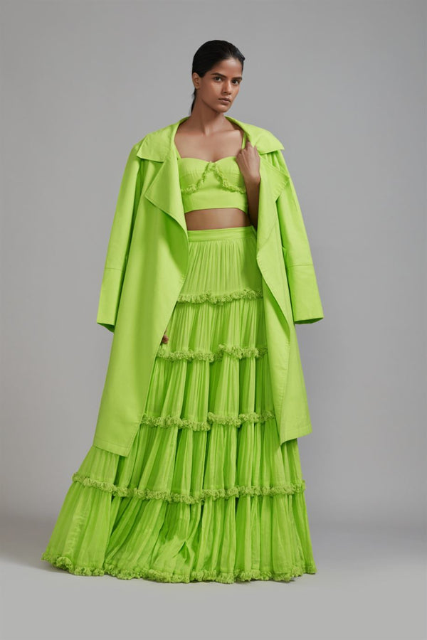 New Season Summer/Fall 2024-Coord Set Green Fringed Tiered Lehenga Jacket Cotton Neon-MT FR TR Jack Lehenga Coord Set-Neon Green 3pcs-Fashion Edit Mati - Shop Cult Modern