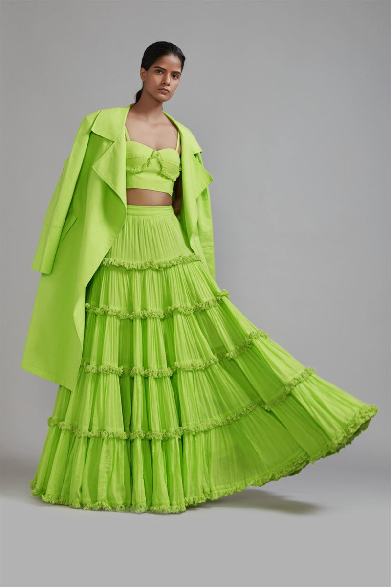 New Season Summer/Fall 2024-Coord Set Green Fringed Tiered Lehenga Jacket Cotton Neon-MT FR TR Jack Lehenga Coord Set-Neon Green 3pcs-Fashion Edit Mati - Shop Cult Modern