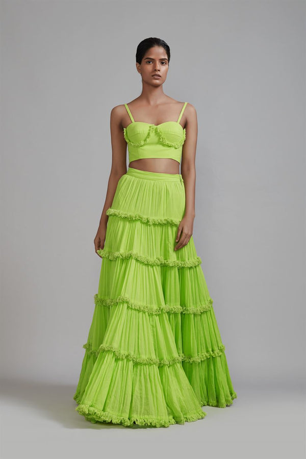 New Season Summer/Fall 23-Coord Set Green Fringed Tiered Lehenga Cotton Neon-MT FR TR Lehenga Coord Set-Neon Green 2pcs-Fashion Edit Mati - Shop Cult Modern