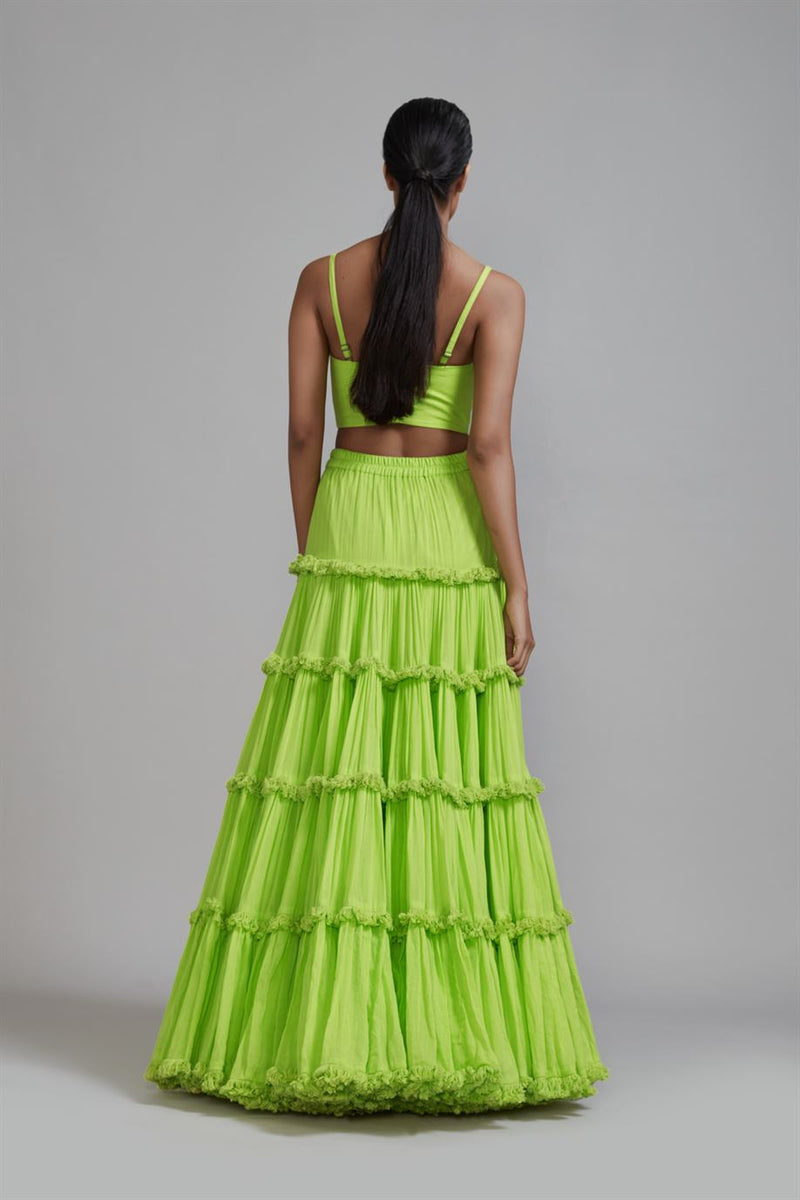 New Season Summer/Fall 2024-Coord Set Green Fringed Tiered Lehenga Cotton Neon-MT FR TR Lehenga Coord Set-Neon Green 2pcs-Fashion Edit Mati - Shop Cult Modern