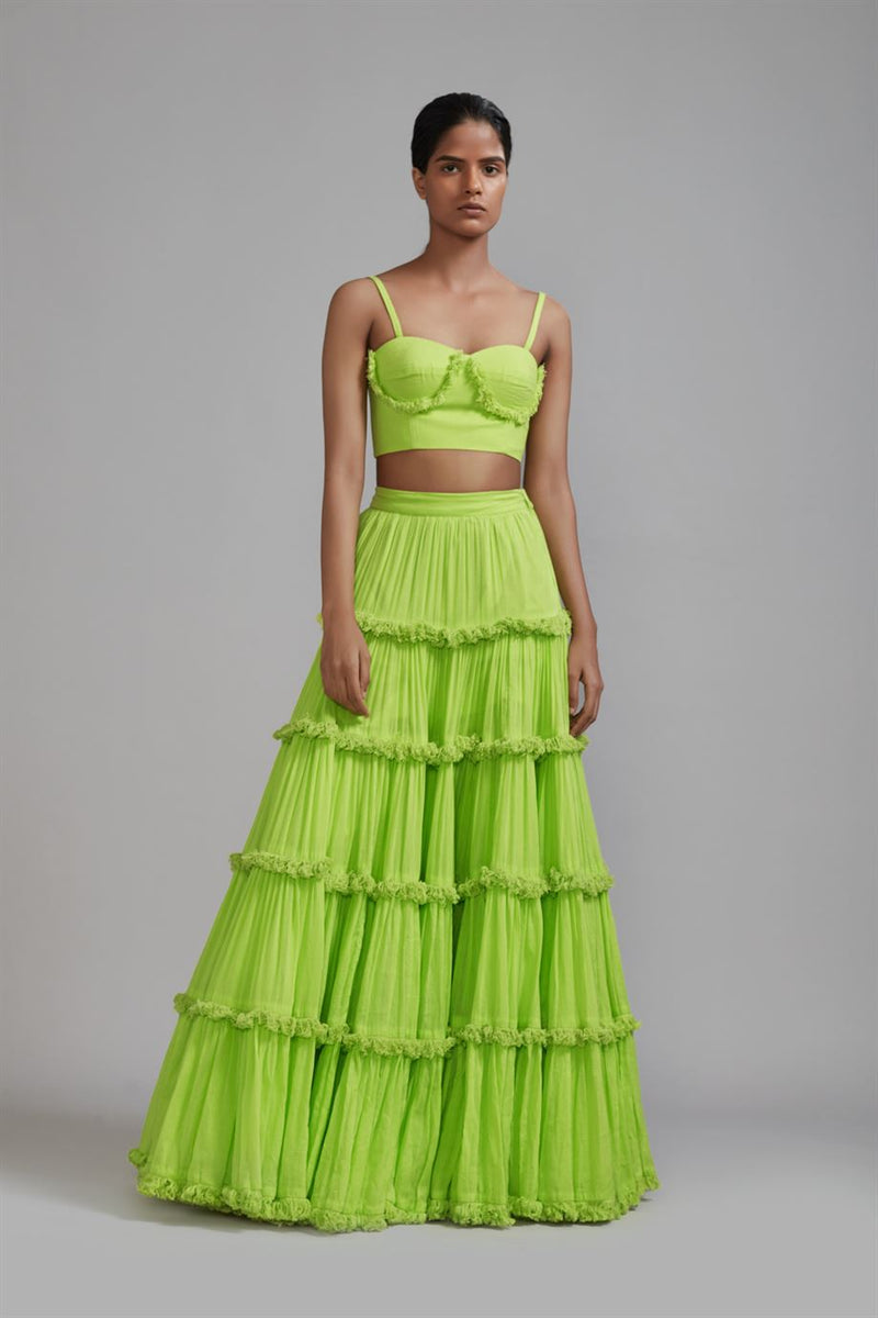 New Season Summer/Fall 2024-Coord Set Green Fringed Tiered Lehenga Cotton Neon-MT FR TR Lehenga Coord Set-Neon Green 2pcs-Fashion Edit Mati - Shop Cult Modern