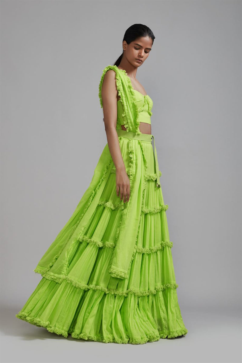 New Season Summer/Fall 2024-Coord Set Green Fringed Tiered Lehenga Cotton Neon-MT FR TR Lehenga Coord Set-Neon Green 3pcs-Fashion Edit Mati - Shop Cult Modern