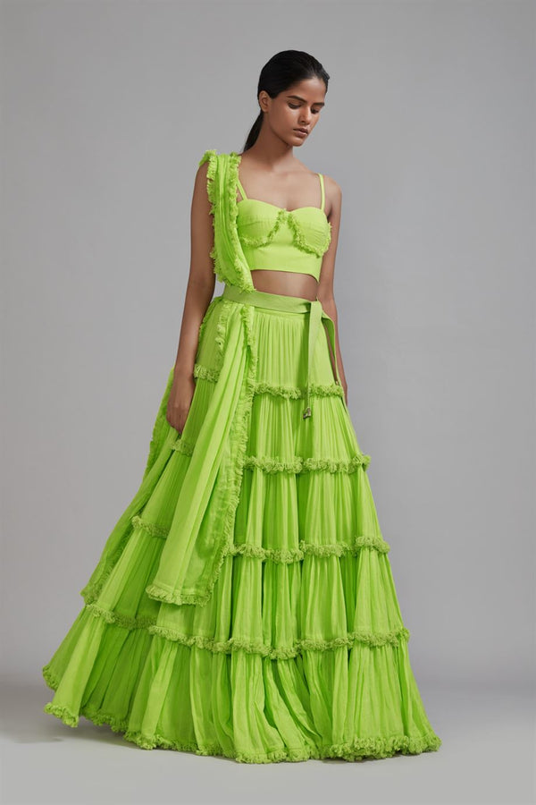 New Season Summer/Fall 2024-Coord Set Green Fringed Tiered Lehenga Cotton Neon-MT FR TR Lehenga Coord Set-Neon Green 3pcs-Fashion Edit Mati - Shop Cult Modern