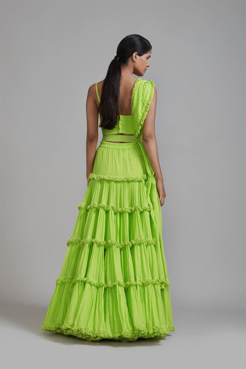 New Season Summer/Fall 2024-Coord Set Green Fringed Tiered Lehenga Cotton Neon-MT FR TR Lehenga Coord Set-Neon Green 3pcs-Fashion Edit Mati - Shop Cult Modern