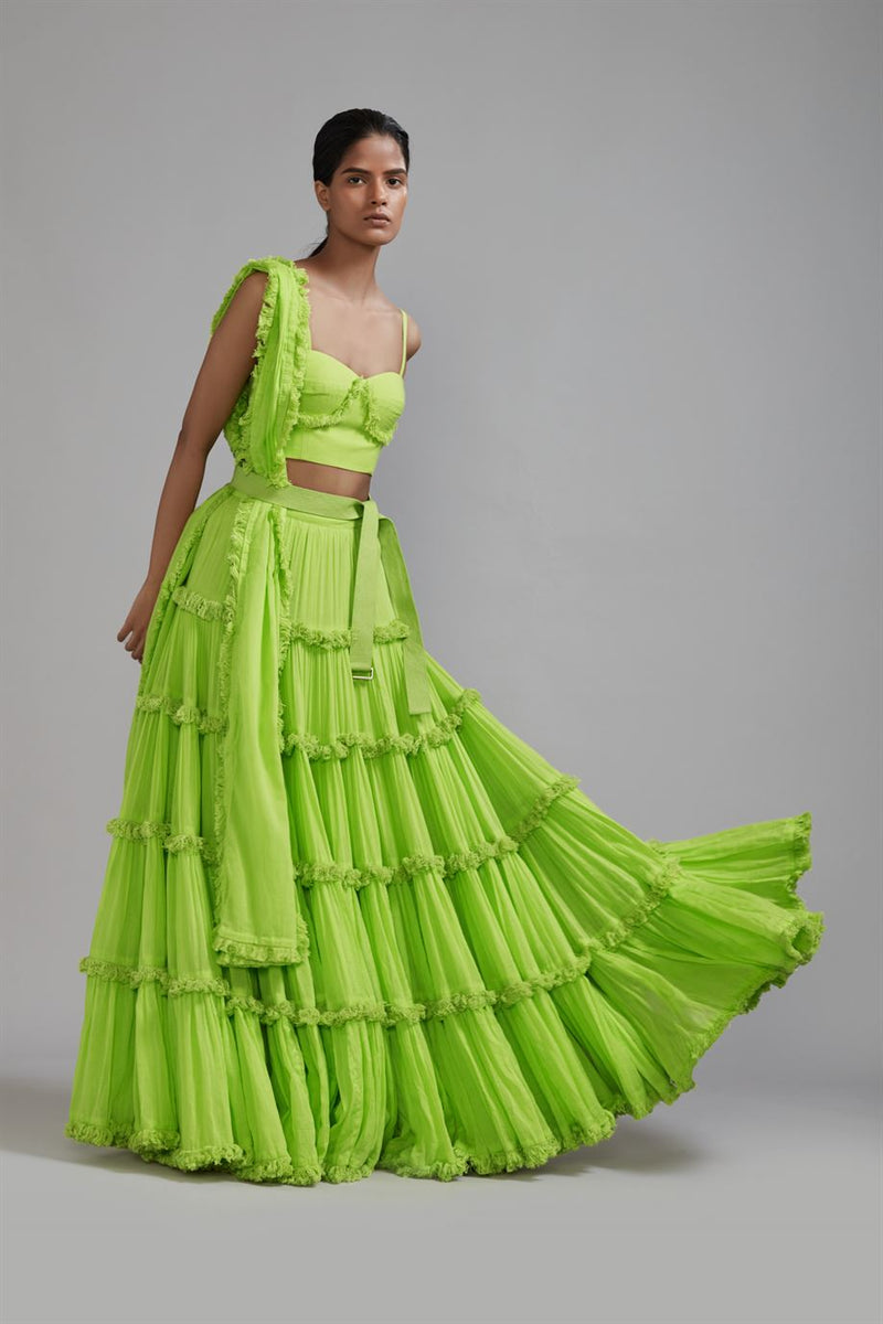 New Season Summer/Fall 2024-Coord Set Green Fringed Tiered Lehenga Cotton Neon-MT FR TR Lehenga Coord Set-Neon Green 3pcs-Fashion Edit Mati - Shop Cult Modern