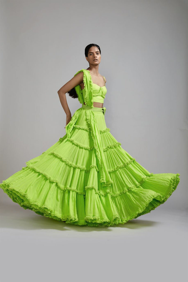 New Season Summer/Fall 2024-Coord Set Green Fringed Tiered Lehenga Cotton Neon-MT FR TR Lehenga Coord Set-Neon Green 3pcs-Fashion Edit Mati - Shop Cult Modern