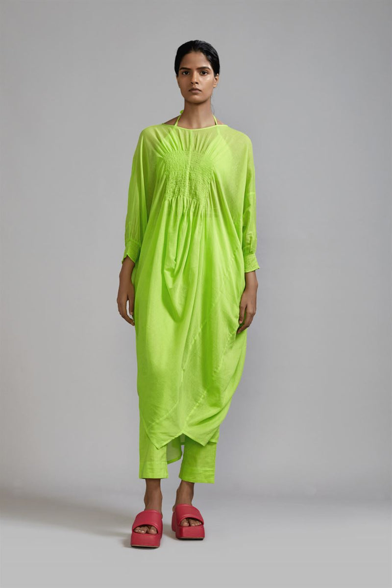 New Season Summer/Fall 24-Tunic Green Smocked Cowl Cotton Neon-MT Smoc Cowl Tunic-ML Neon Green-Fashion Edit Mati - Shop Cult Modern