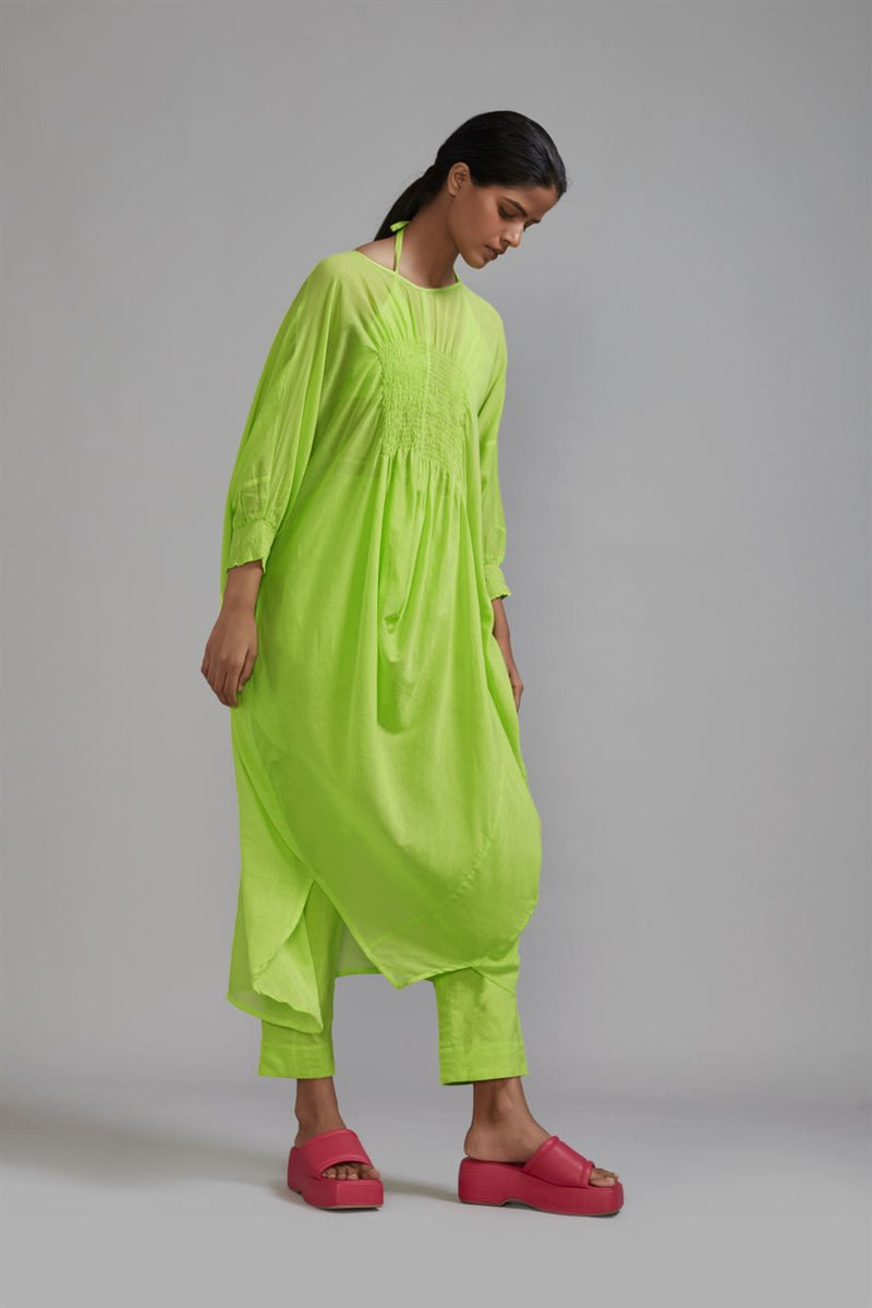 New Season Summer/Fall 23-Tunic Green Smocked Cowl Cotton Neon-MT Smoc Cowl Tunic-ML Neon Green-Fashion Edit Mati - Shop Cult Modern