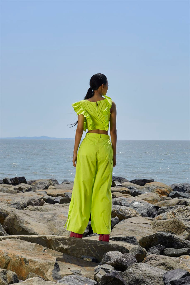 New Season Summer/Fall 24-Pants Green HighWaisted Cotton Neon-MT H-Waist Trouser-Neon Green-Fashion Edit Mati - Shop Cult Modern