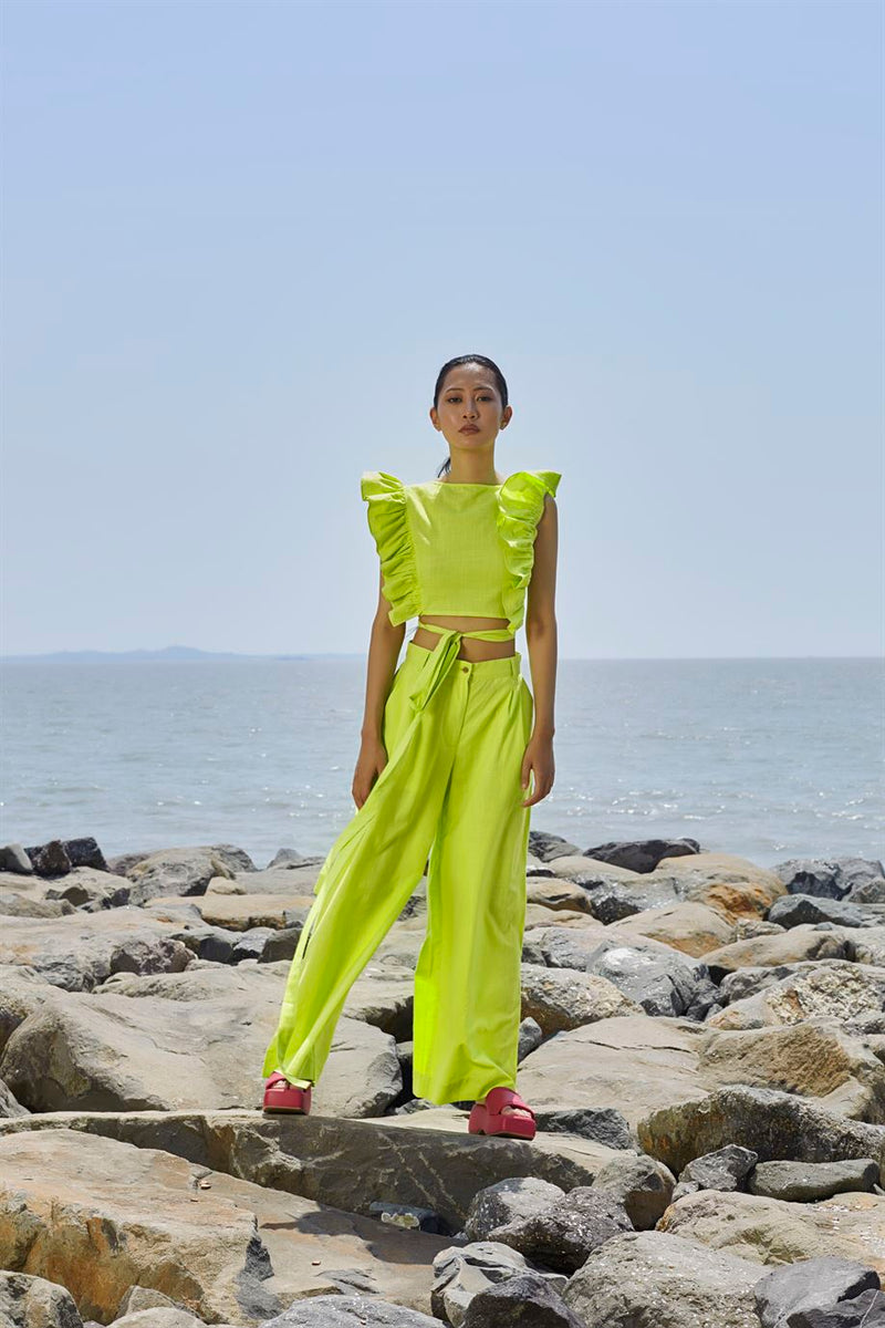 New Season Summer/Fall 24-Pants Green HighWaisted Cotton Neon-MT H-Waist Trouser-Neon Green-Fashion Edit Mati - Shop Cult Modern