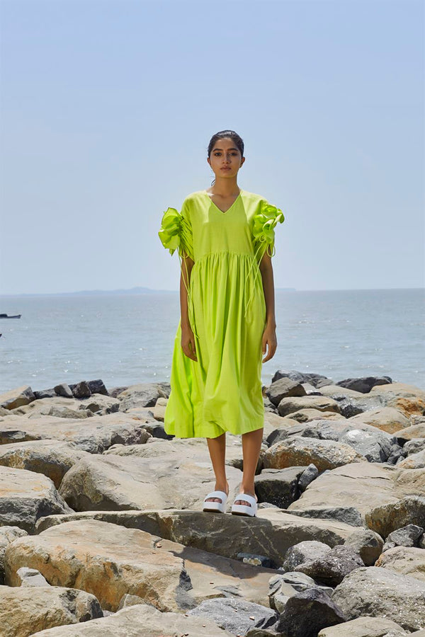 New Season Summer/Fall 23-Dress Green Ruffle Sleeve Cotton Neon-MTRUFFSLDR-Neon Green-Fashion Edit Mati - Shop Cult Modern