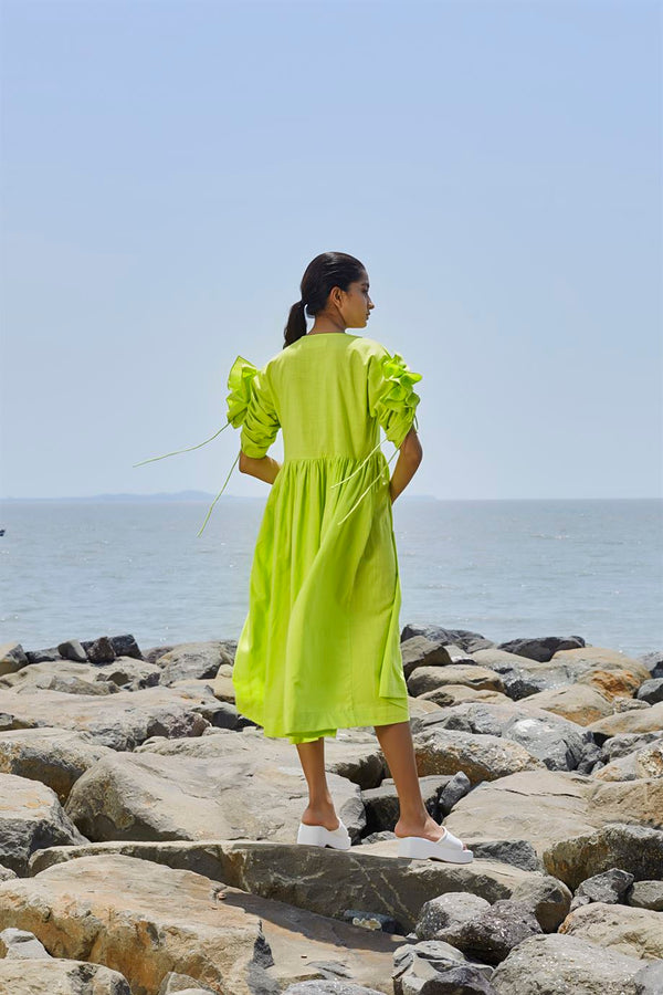 New Season Summer/Fall 23-Dress Green Ruffle Sleeve Cotton Neon-MTRUFFSLDR-Neon Green-Fashion Edit Mati - Shop Cult Modern