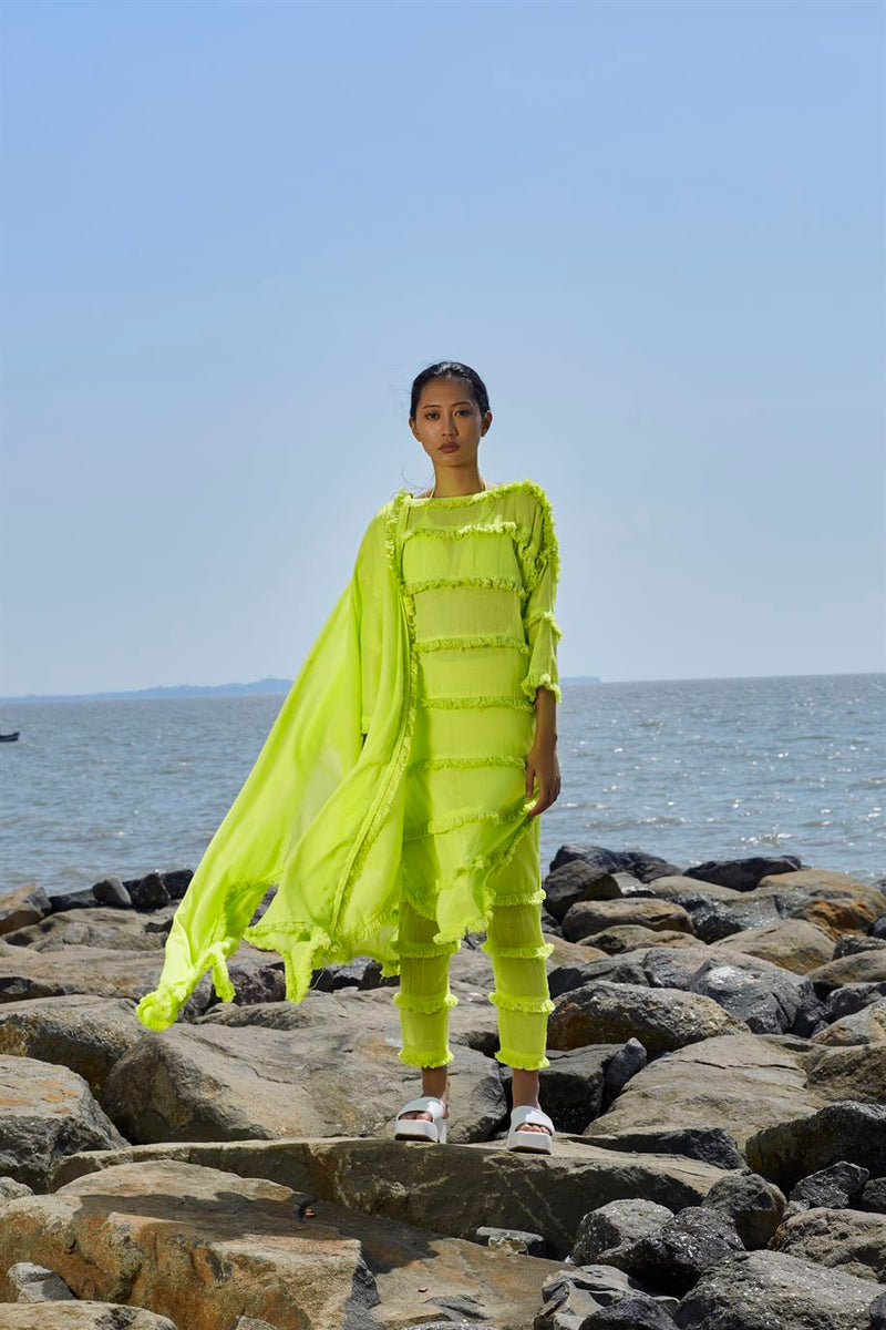 New Season Summer/Fall 2024-Coord Set Green Tassle Tier Tunic 3pcs Cotton Neon-MT Tassle Tier Tunic Coord Set 3-ML Neon Green-Fashion Edit Mati - Shop Cult Modern