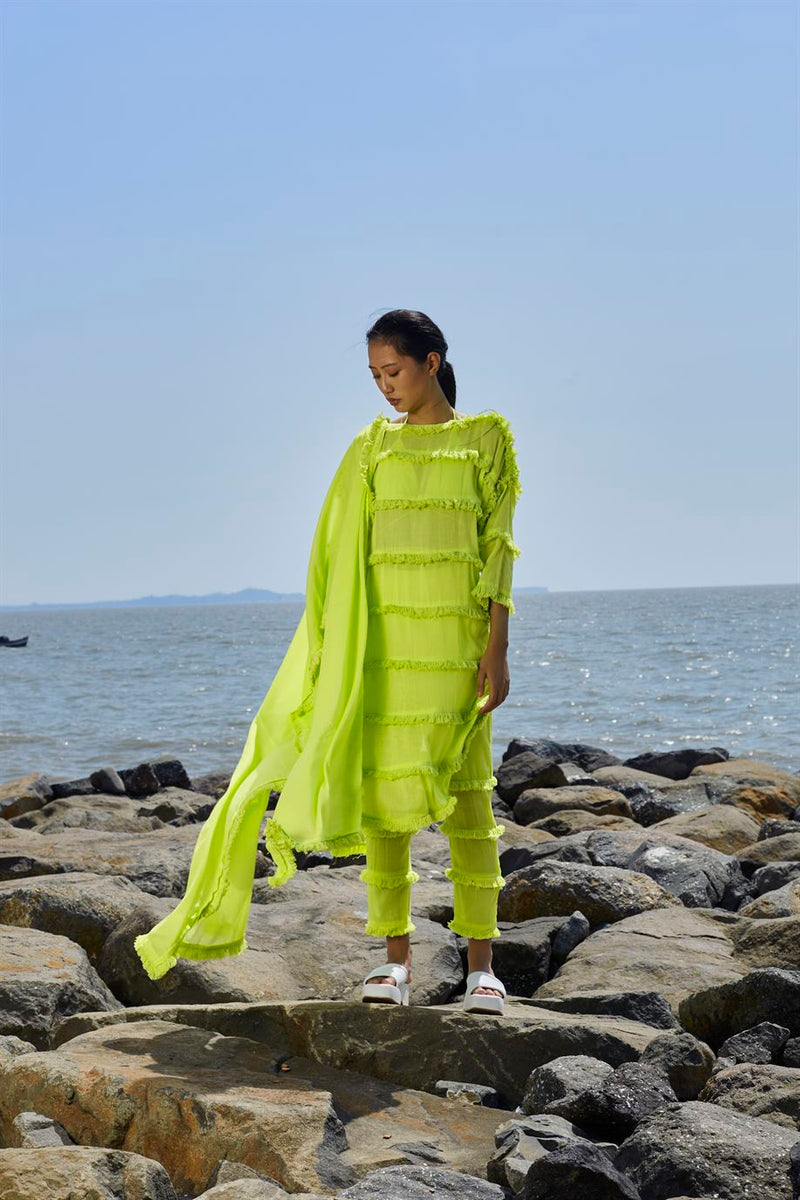 New Season Summer/Fall 2024-Coord Set Green Tassle Tier Tunic 3pcs Cotton Neon-MT Tassle Tier Tunic Coord Set 3-ML Neon Green-Fashion Edit Mati - Shop Cult Modern