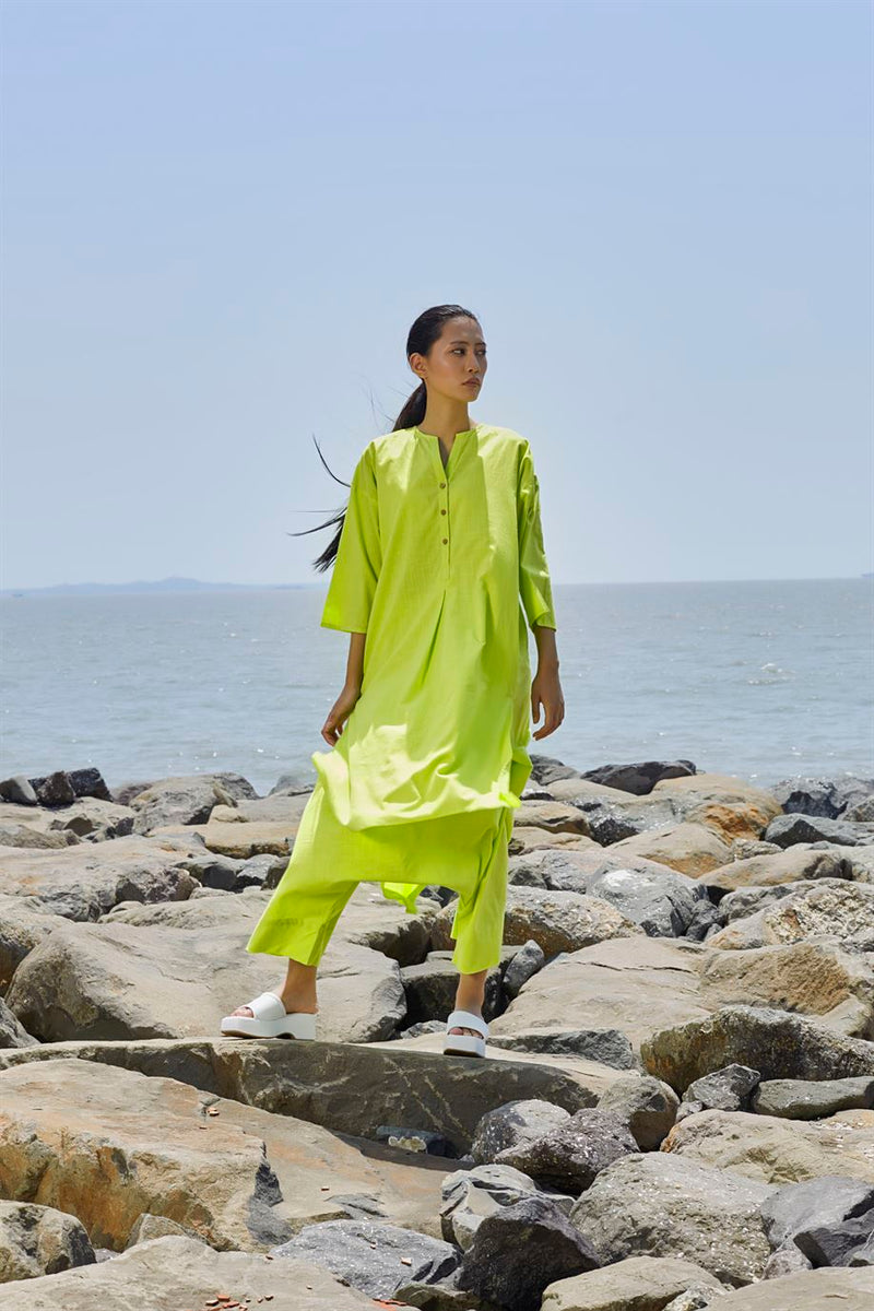 New Season Summer/Fall 23-Coord Set Green Placket Tunic Cotton Neon-MT Placket Coord Set-Neon Green-Fashion Edit Mati - Shop Cult Modern