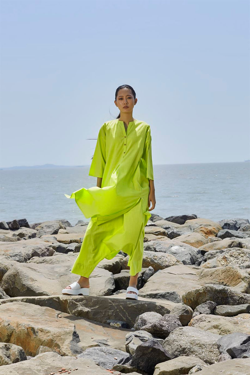 New Season Summer/Fall 23-Coord Set Green Placket Tunic Cotton Neon-MT Placket Coord Set-Neon Green-Fashion Edit Mati - Shop Cult Modern