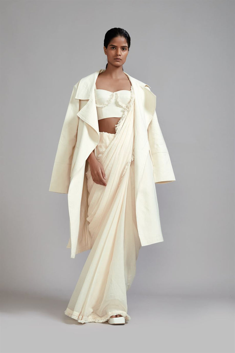 New Season Summer/Fall 2024-Coord Set Fringed Saree-Corset-Jacket Cotton Offwhite-MT FR Jack Saree Corset-ML Offwhite 3pcs-Fashion Edit Mati - Shop Cult Modern