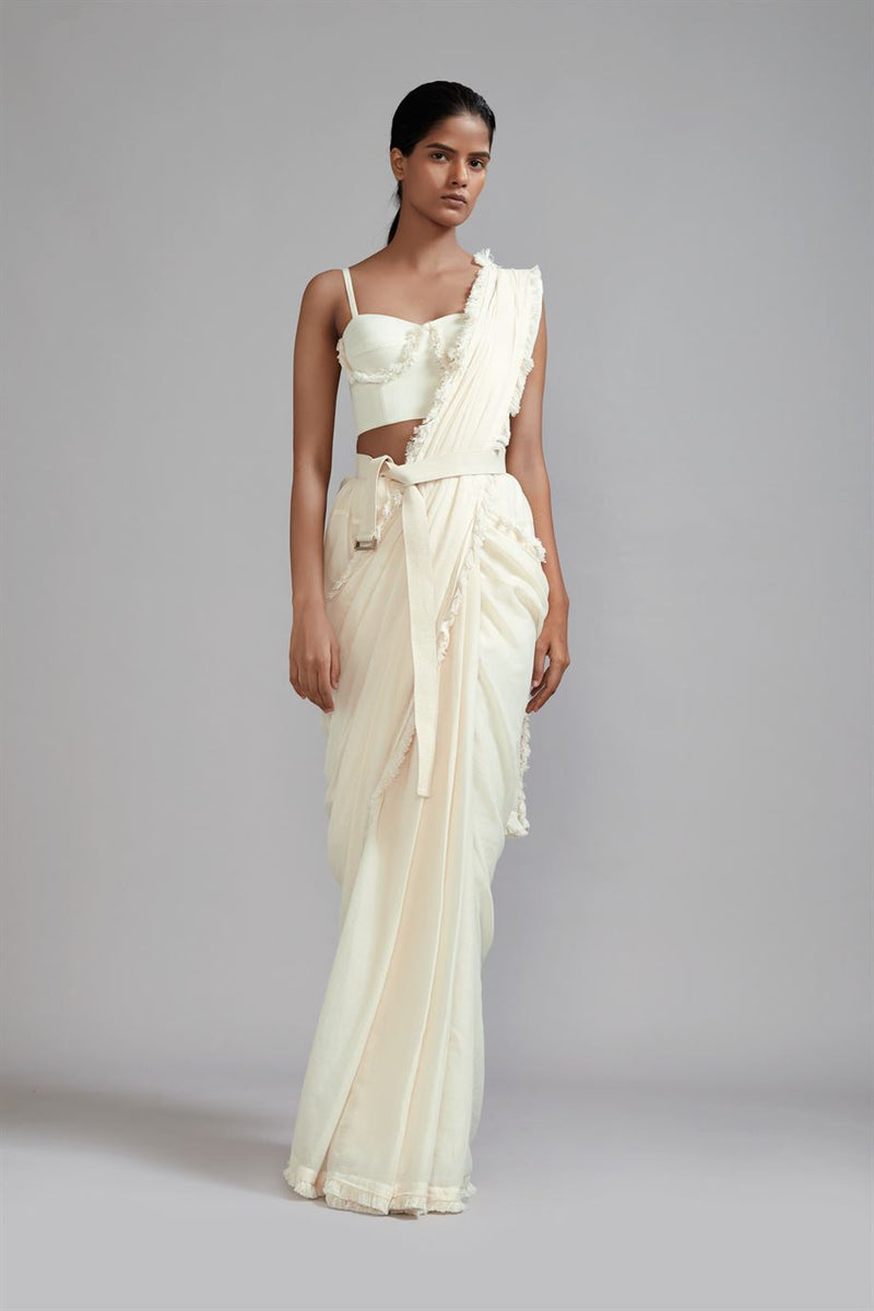 New Season Summer/Fall 24-Saree Fringed Cotton Offwhite-MT FR Saree-ML Offwhite-Fashion Edit Mati - Shop Cult Modern