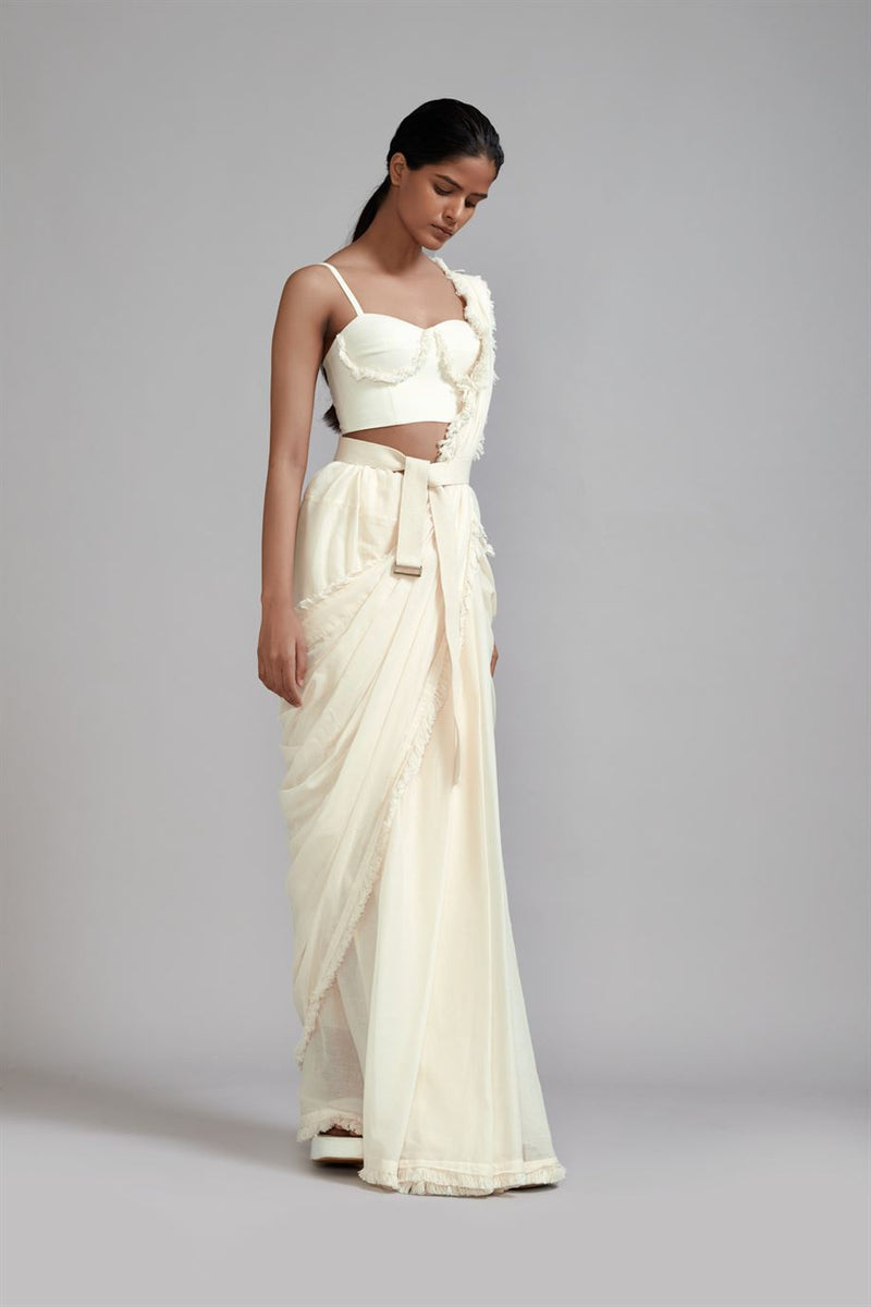 New Season Summer/Fall 23-Saree Fringed Cotton Offwhite-MT FR Saree-ML Offwhite-Fashion Edit Mati - Shop Cult Modern