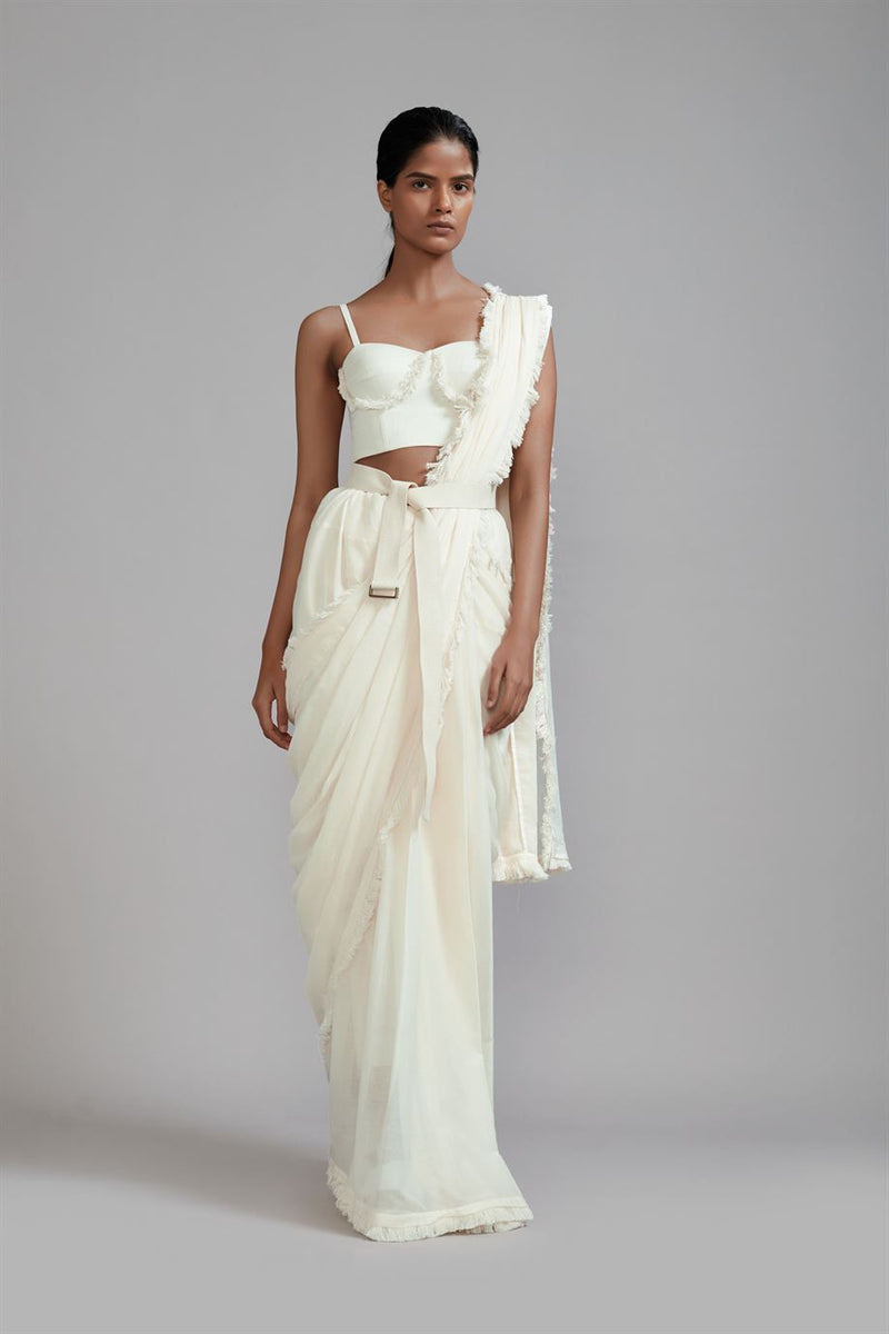 New Season Summer/Fall 24-Saree Fringed Cotton Offwhite-MT FR Saree-ML Offwhite-Fashion Edit Mati - Shop Cult Modern