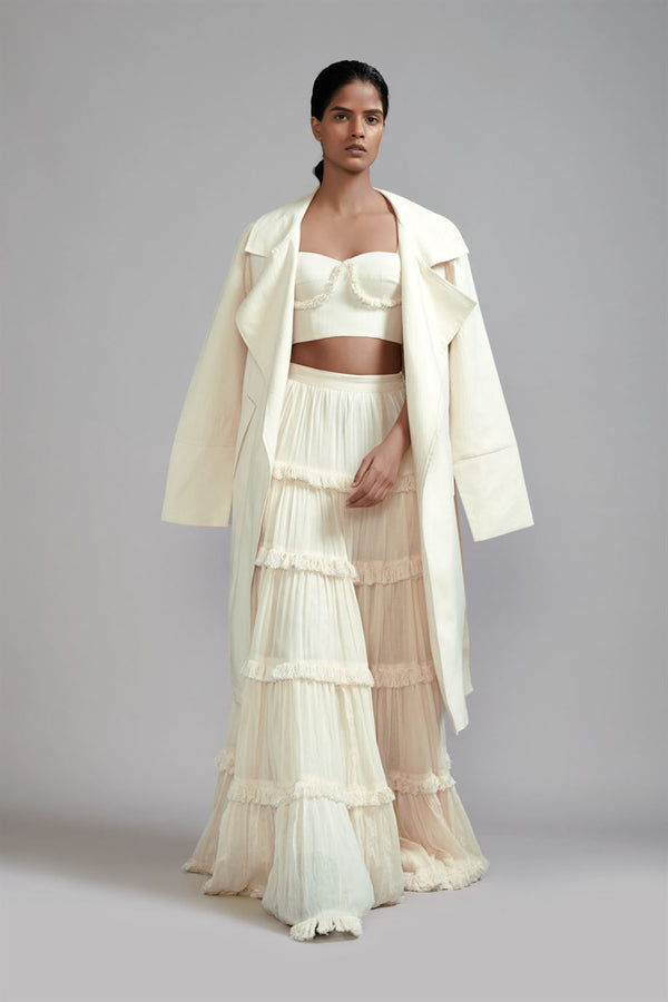 New Season Summer/Fall 23-Coord Set Fringed Tiered Lehenga Jacket Cotton Offwhite-MT FR TR Jack Lehenga Coord Set-Offwhite 3pcs-Fashion Edit Mati - Shop Cult Modern