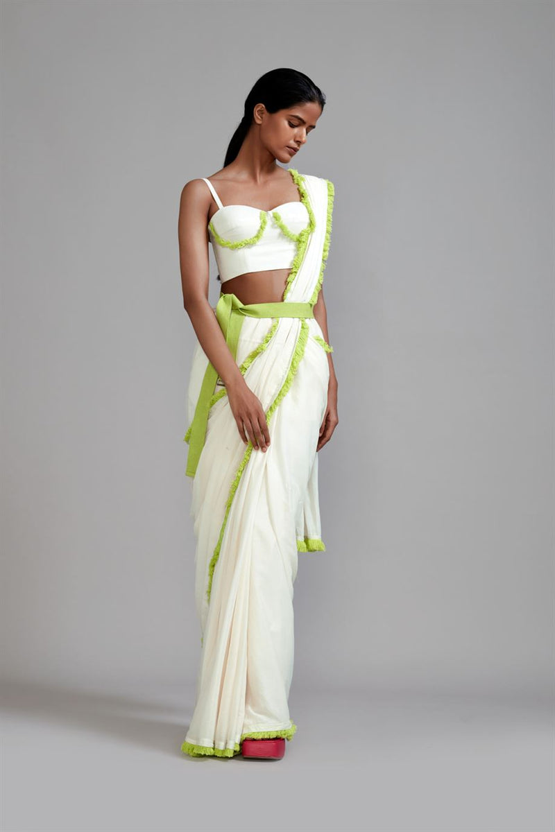 New Season Summer/Fall 23-Coord Set Saree-Fringed Corset Cotton Offwhite With Neon Green-MT FR Saree Corset-ML Offwhite NG 2pcs-Fashion Edit Mati - Shop Cult Modern