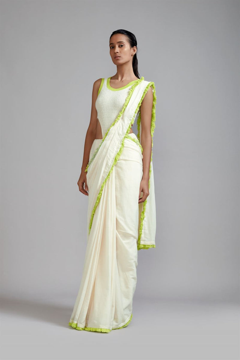 New Season Summer/Fall 24-Saree Fringed Cotton Offwhite With Neon Green-MT FR NG Saree-ML Offwhite-Fashion Edit Mati - Shop Cult Modern