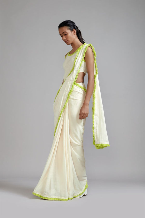 New Season Summer/Fall 23-Saree Fringed Cotton Offwhite 
With
 Neon Green-MT FR NG Saree-ML Offwhite-Fashion Edit Mati - Shop Cult Modern