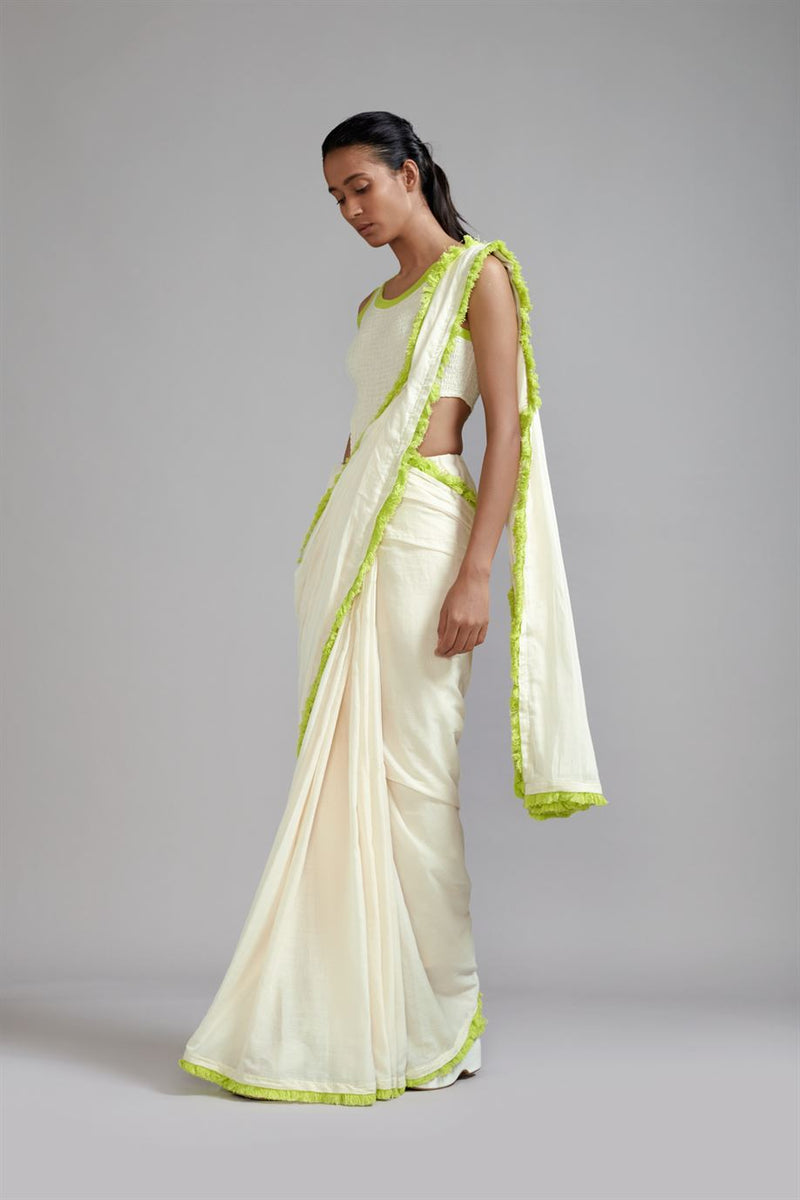 New Season Summer/Fall 24-Saree Fringed Cotton Offwhite With Neon Green-MT FR NG Saree-ML Offwhite-Fashion Edit Mati - Shop Cult Modern