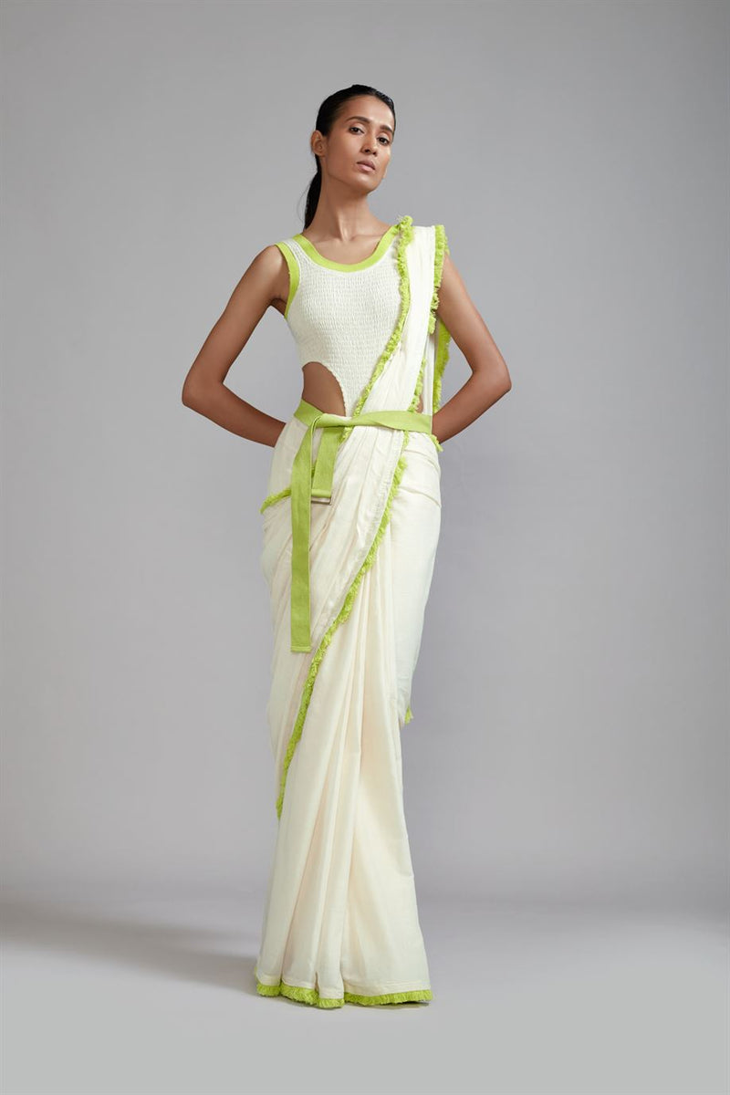 New Season Summer/Fall 24-Saree Fringed Cotton Offwhite With Neon Green-MT FR NG Saree-ML Offwhite-Fashion Edit Mati - Shop Cult Modern