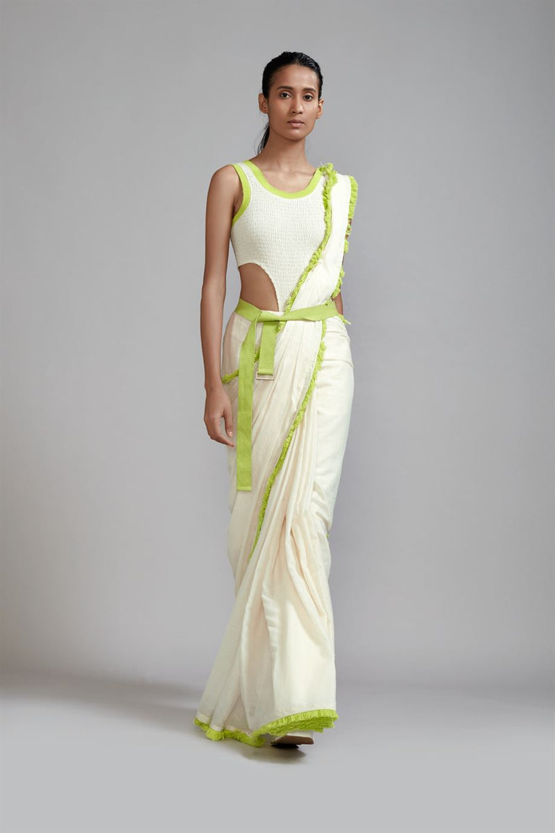 New Season Summer/Fall 23-Saree Fringed Cotton Offwhite 
With
 Neon Green-MT FR NG Saree-ML Offwhite-Fashion Edit Mati - Shop Cult Modern