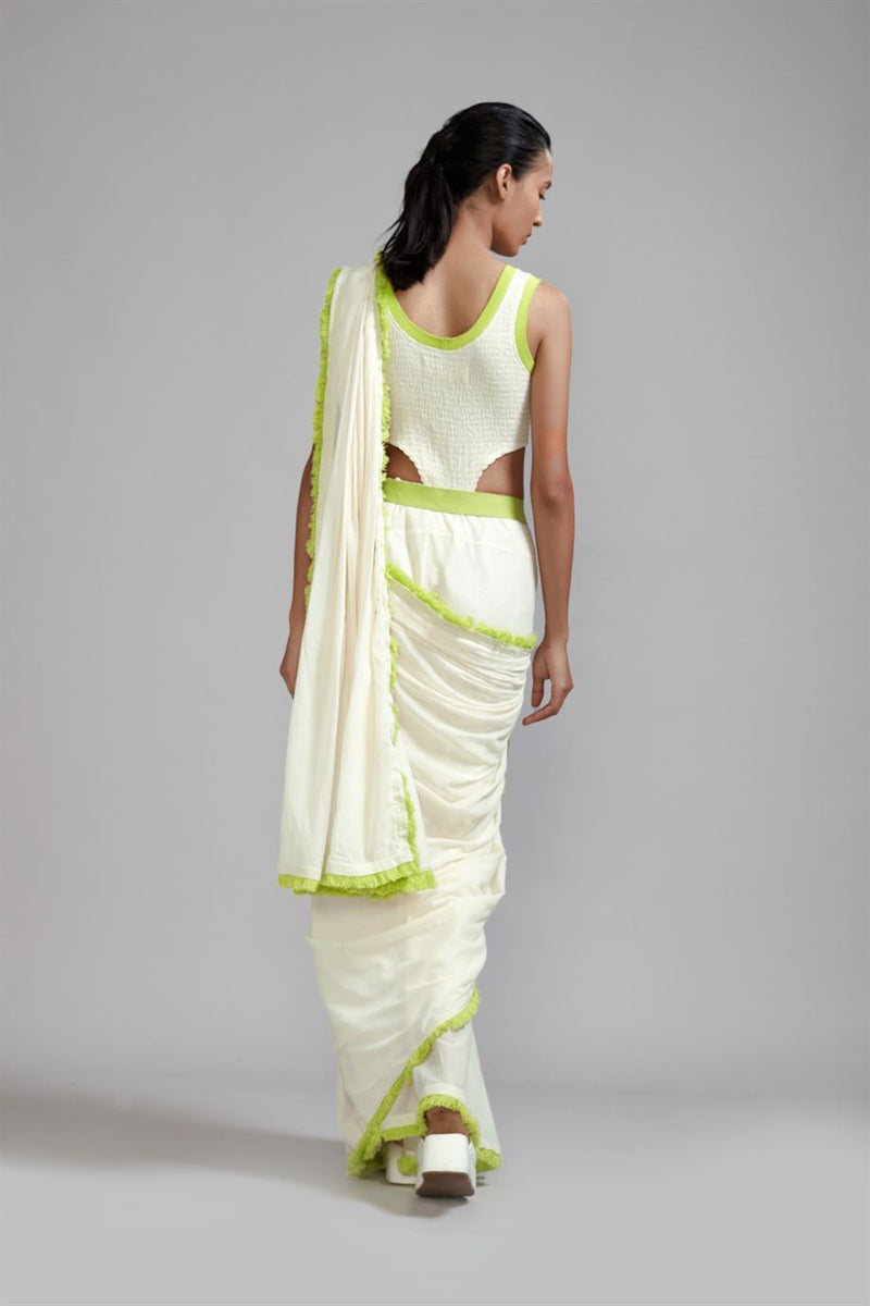 New Season Summer/Fall 24-Saree Fringed Cotton Offwhite With Neon Green-MT FR NG Saree-ML Offwhite-Fashion Edit Mati - Shop Cult Modern