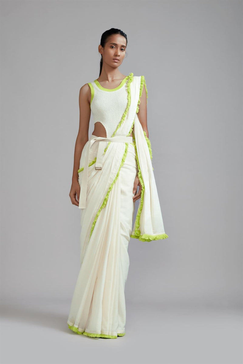 New Season Summer/Fall 23-Saree Fringed Cotton Offwhite 
With
 Neon Green-MT FR NG Saree-ML Offwhite-Fashion Edit Mati - Shop Cult Modern