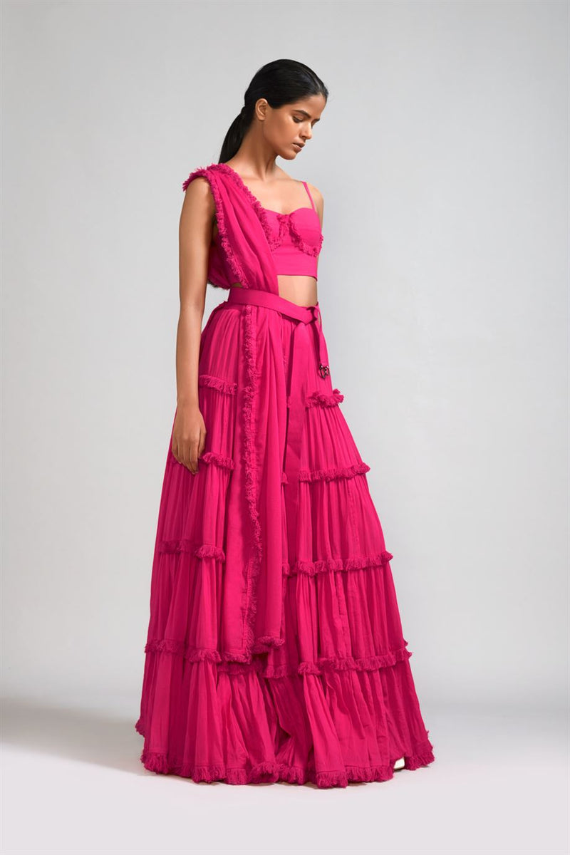 New Season Summer/Fall 2024-Coord Set Fringed Tiered Lehenga Cotton Pink-MT FR TR Lehenga Coord Set-Pink 3pcs-Fashion Edit Mati - Shop Cult Modern