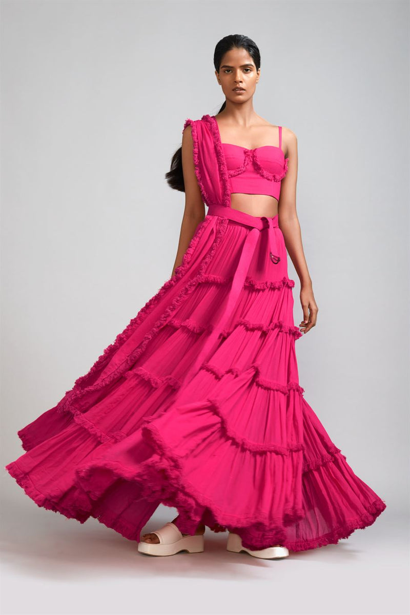 New Season Summer/Fall 2024-Coord Set Fringed Tiered Lehenga Cotton Pink-MT FR TR Lehenga Coord Set-Pink 3pcs-Fashion Edit Mati - Shop Cult Modern