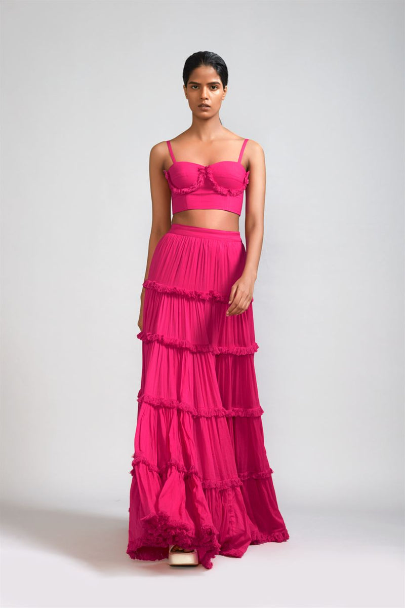 New Season Summer/Fall 24-Lehenga Fringed Tiered Cotton Pink-MT FR TR Lehenga-Pink-Fashion Edit Mati - Shop Cult Modern