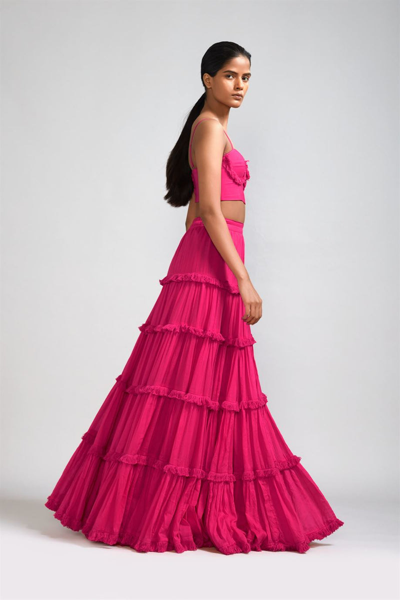 New Season Summer/Fall 24-Lehenga Fringed Tiered Cotton Pink-MT FR TR Lehenga-Pink-Fashion Edit Mati - Shop Cult Modern