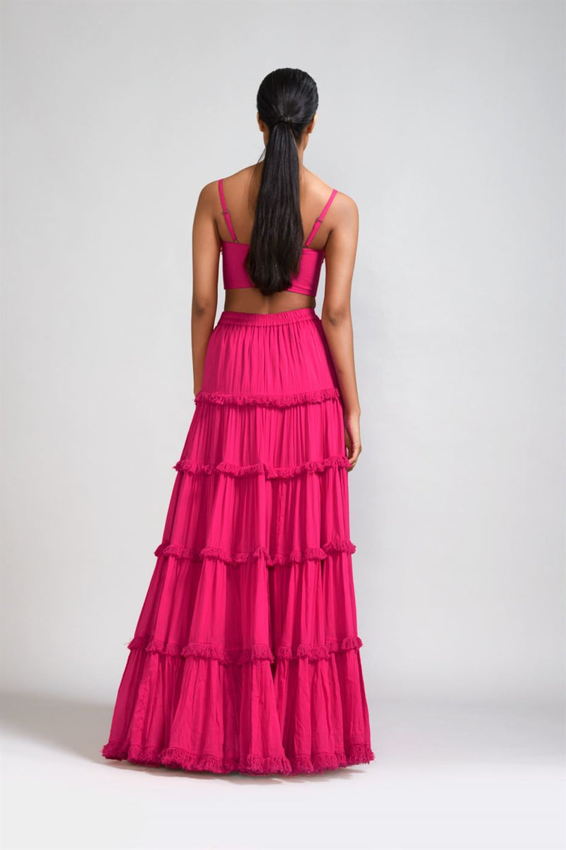 New Season Summer/Fall 24-Lehenga Fringed Tiered Cotton Pink-MT FR TR Lehenga-Pink-Fashion Edit Mati - Shop Cult Modern