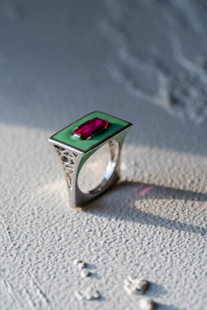 Demi Fine Jewelry-White Gold Plated-Ring-Slab In Green Enamel Recycled Sterling Silver-R22/21-Fashion Edit Unbent - Shop Cult Modern