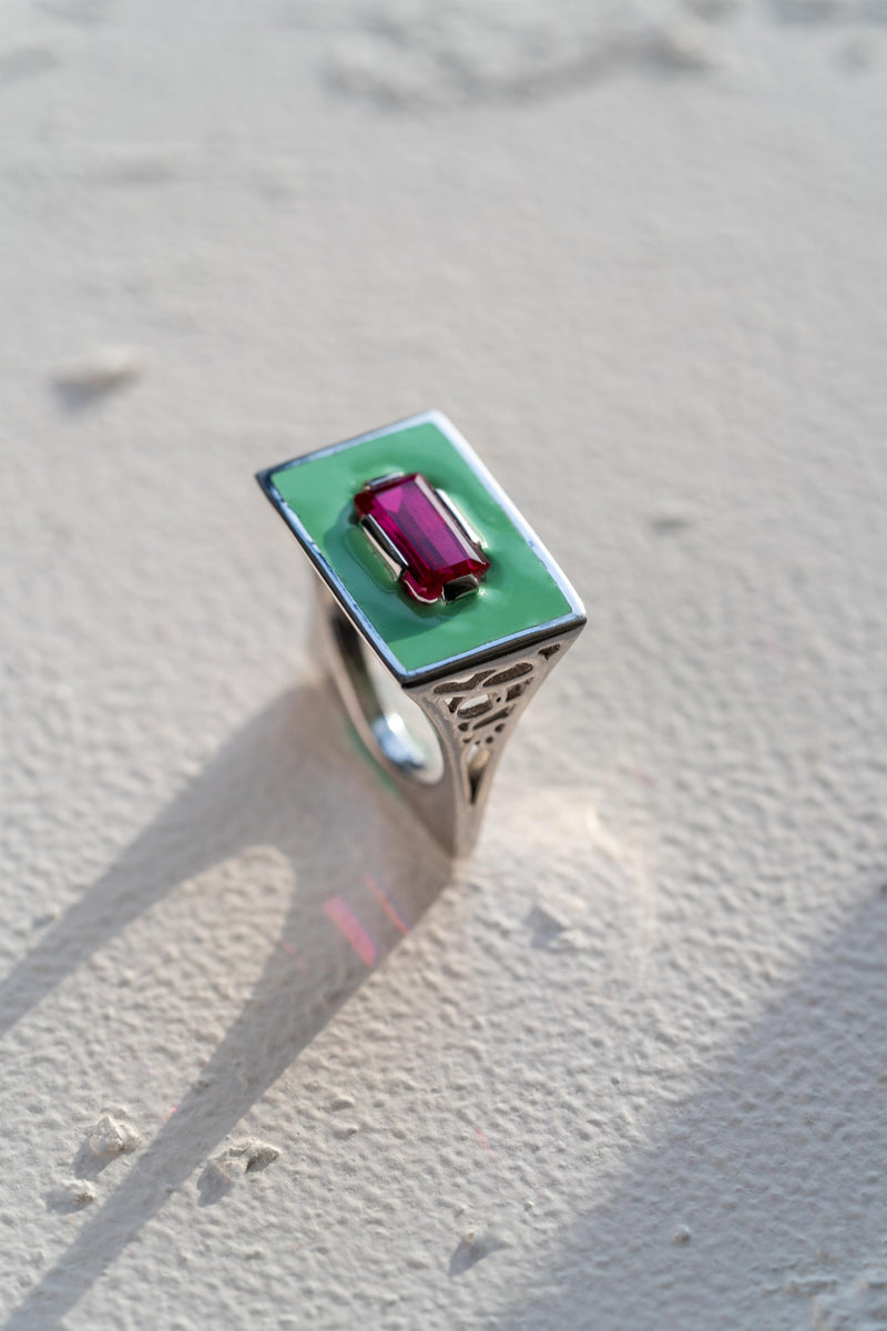Demi Fine Jewelry-White Gold Plated-Ring-Slab In Green Enamel Recycled Sterling Silver-R22/21-Fashion Edit Unbent - Shop Cult Modern