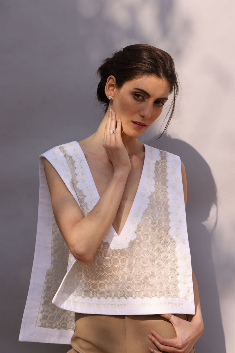 New Season Summer to Fall 2024-Overlay Embellished Cotton White-W/C/057-Suzanne-Fashion Edit Hemji - Shop Cult Modern