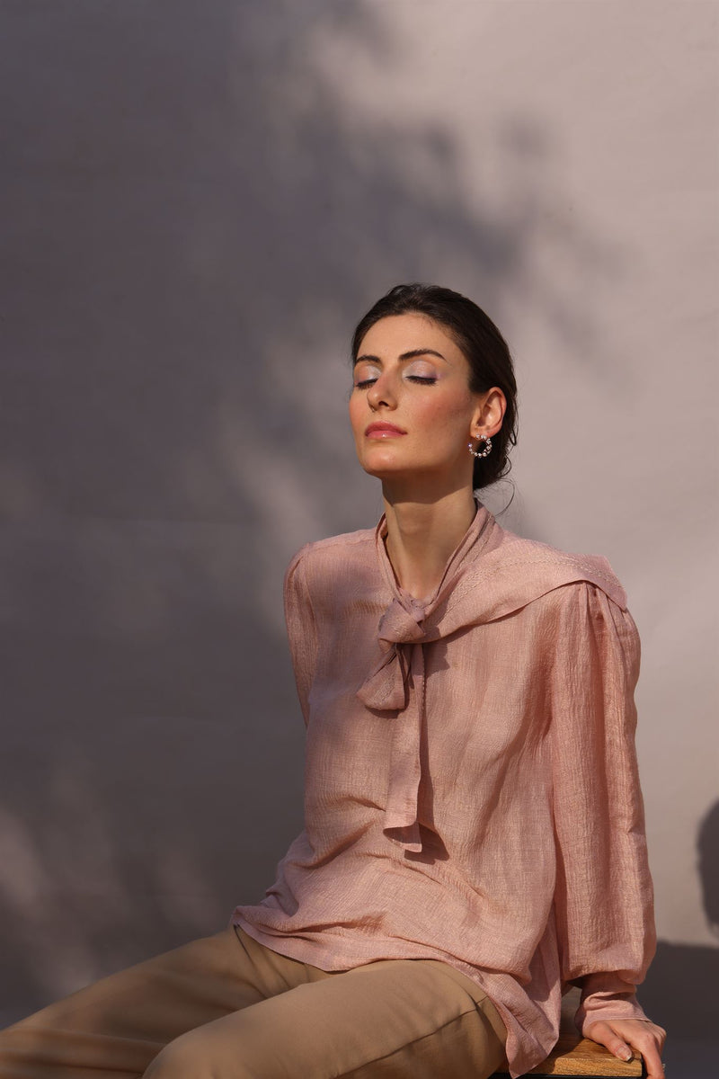 New Season Summer to Fall 2023-Blouse Embroidered Bow Tie Silk Baby Pink-CR/S/042-Suzanne-Fashion Edit Hemji - Shop Cult Modern