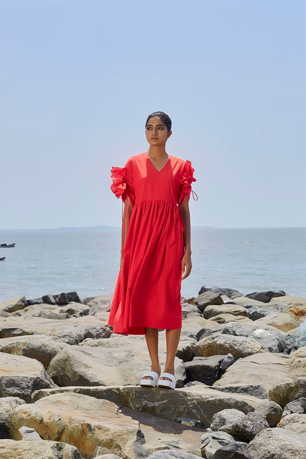 New Season Summer/Fall 23-Dress Ruffle Sleeve Cotton Red-MTRUFFSLDR-NA Slub Red-Fashion Edit Mati - Shop Cult Modern