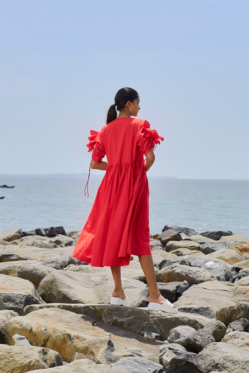 New Season Summer/Fall 23-Dress Ruffle Sleeve Cotton Red-MTRUFFSLDR-NA Slub Red-Fashion Edit Mati - Shop Cult Modern